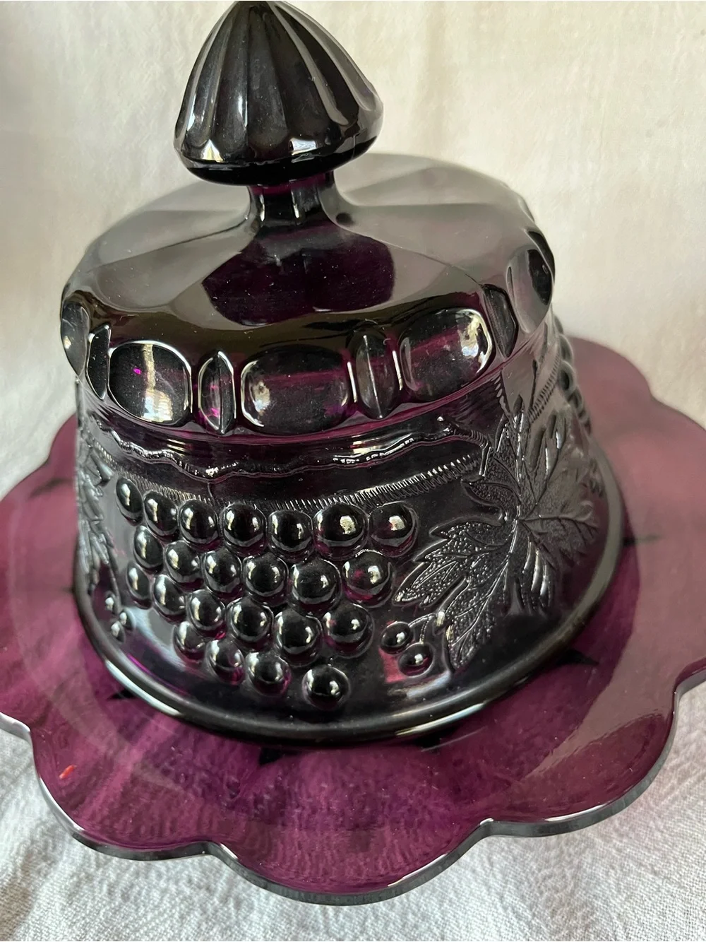 Vintage Mosser Amethyst Glass Covered Butter Dish with Grape design/ Fairy Lamp